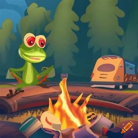 Cartoon Frog Roasting Marshmallows Over A Campfire In A Whimsical