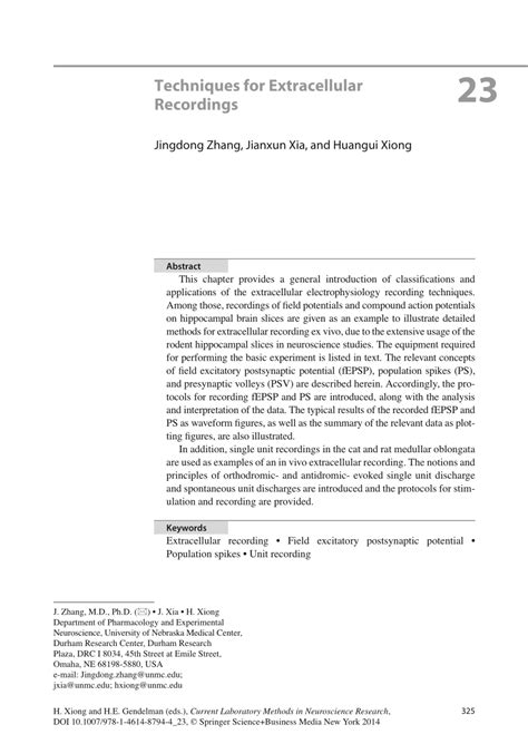 Pdf Techniques For Extracellular Recordings