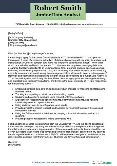 Junior Data Analyst Cover Letter Examples Qwikresume