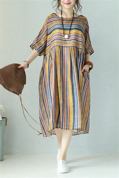 Vintage Striped Women Loose Dresses Summer Clothes Q1127 Loose Summer