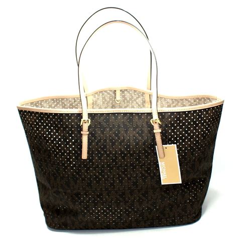 Michael Kors Jet Set MK Signature Perforated Medium Travel Tote Brown