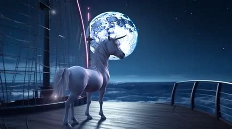 D Illustration Of A Majestic Unicorn With Wings Background Night Sea