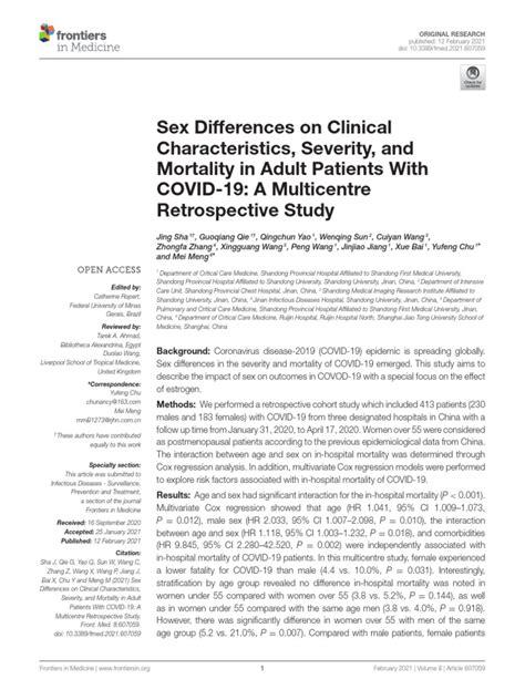 Sex Differences On Clinical Characteristics Severity And Mortality In