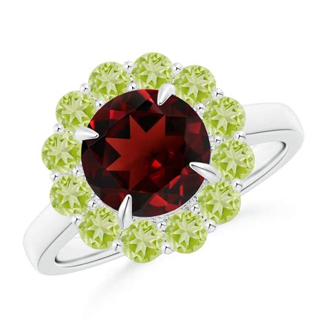 Garnet Peridot Floral Halo Cocktail Ring Angara