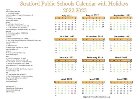 Stratford Public Schools Calendar with Holidays 2022-2023