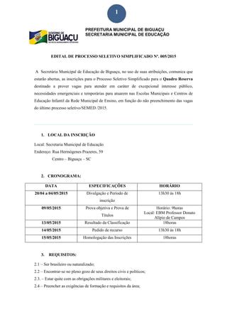 Processo Seletivo Simplificado No 005 2015 Para O Quadro Reserva Da