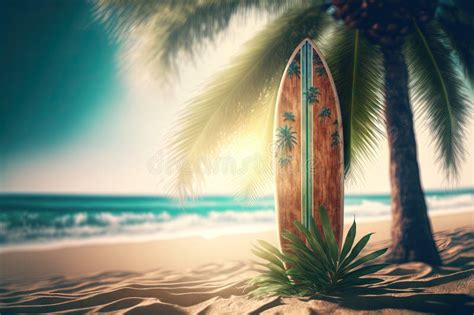 Surfboard And Palm Tree On Tropical Beach Generative Ai Stock