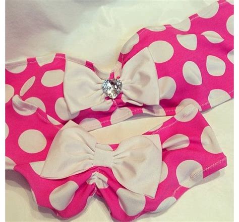 Pink And White Polka Dot Scrunch Butt Bootie Short Bandeau Bikini With Bling White Polka Dot