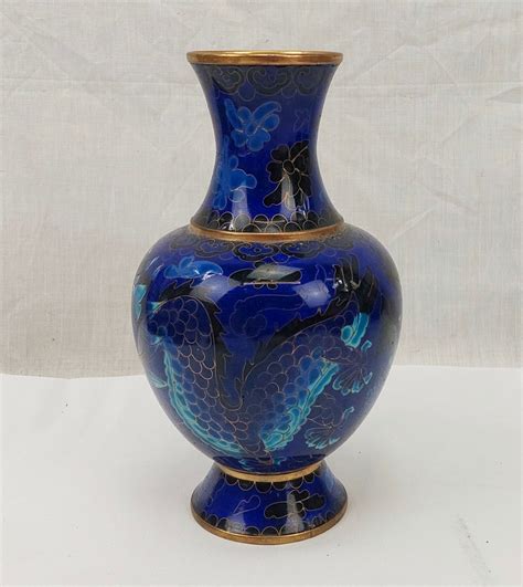 Blue Chinese Cloisonne Vase With Dragons Sally Antiques