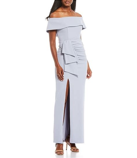 Xscape Off The Shoulder Ruched Side Bow Short Sleeve Scuba Crepe Thigh High Slit Gown Dillards