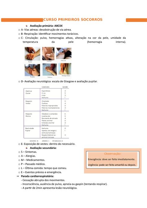 Resumo curso primeiros socorros CURSO PRIMEIROS SOCORROS Avaliação