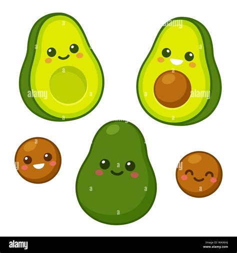 Cute Cartoon Avocado Characters Set Whole Avocado Cut In Half And Pit