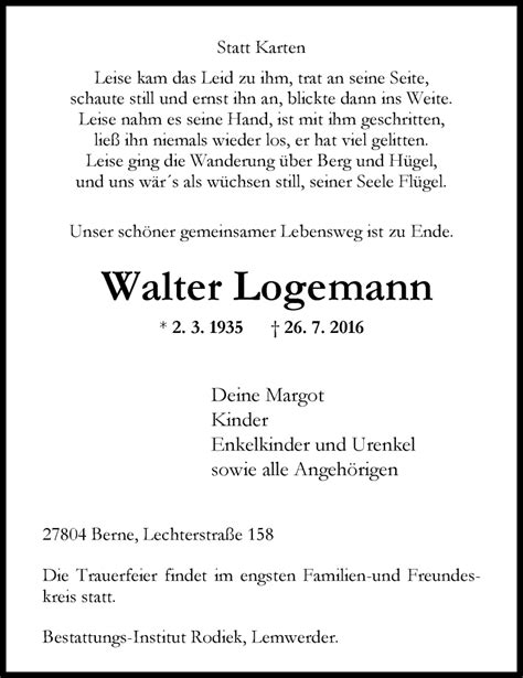 Traueranzeigen Von Walter Logemann Nordwest Trauer De