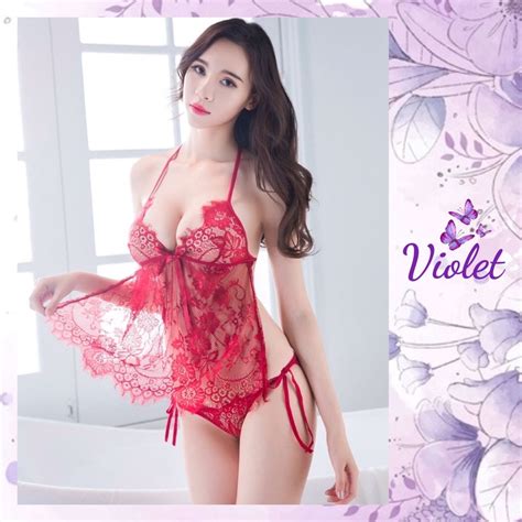 Jual Violet Lingerie Set Baju Tidur Celana Dalam Seksi Motif Bunga