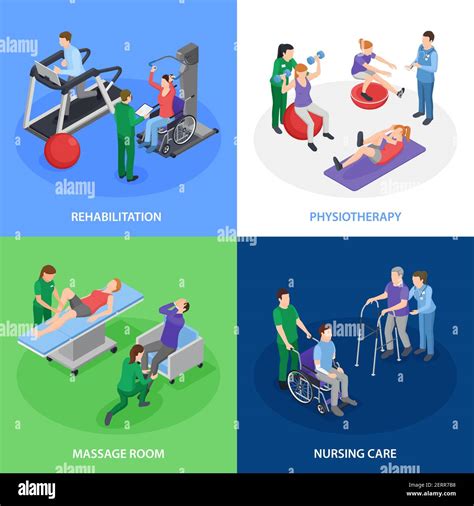 Physiotherapy Rehabilitation 4 Isometric Icons Concept With Nursing