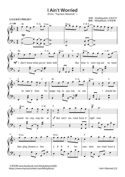 Onerepublic I Ain T Worried《top Gun Maverick》 Staff Stave F By Mickymusic Sheet Music