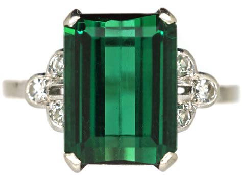 Art Deco 18ct White Gold And Platinum Green Tourmaline And Diamond Ring