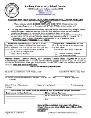 Request For High School Duplicate Transcripts And Or Reissued Diplomas