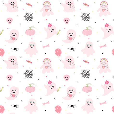 Seamless Halloween Pattern With Cute Pink Ghosts Web Pumpkin Spider