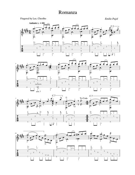 Romanza Sheet Music For Guitar Solo