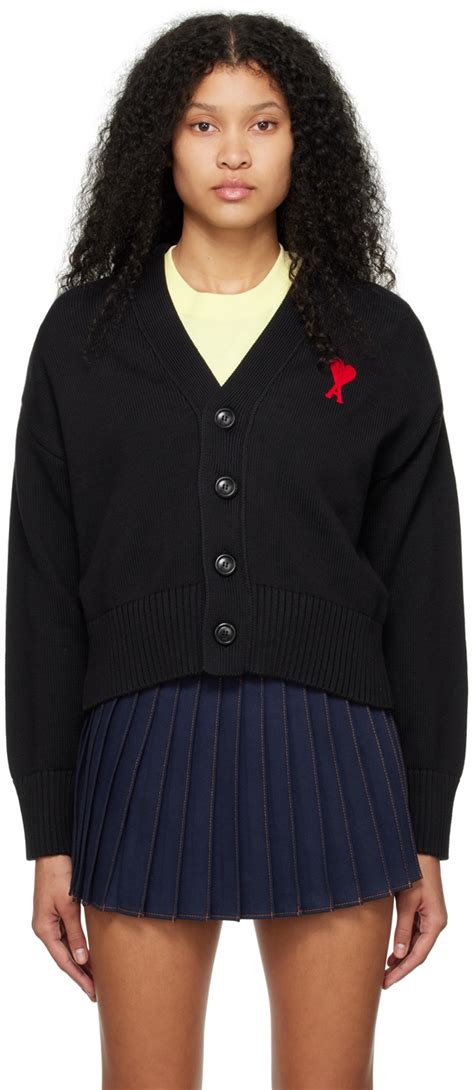 AMI Paris Black Ami de Cœur Cardigan SSENSE Canada