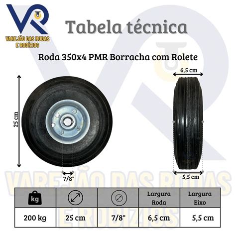 Rodinha Roda 350x4 PMR Borracha Maciça Rolamento de Rolete Carga