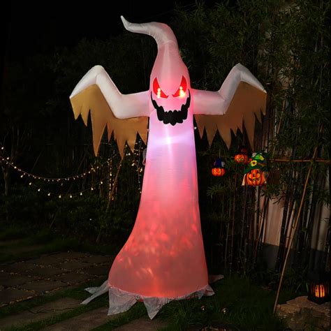 Halloween Inflatable White Ghost With Red Rotating Led Lights Blow Up Outdoor Yard Decoration