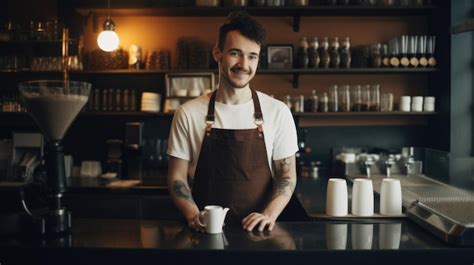 Barista Masculino Feliz Usando Un Delantal De Pie Junto Al Mostrador En