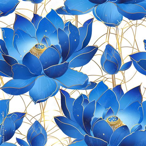 Asian Seamless Pattern With Blue And Gold Lotus Flower Leaves And Buds