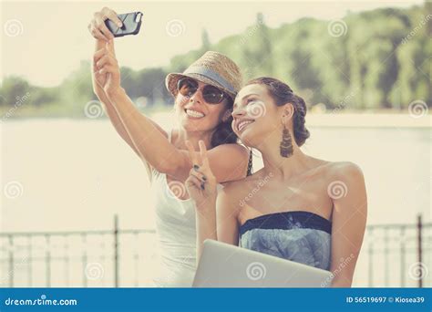 Two Beautiful Young Women Making Selfie Laughing Stock Image Image Of