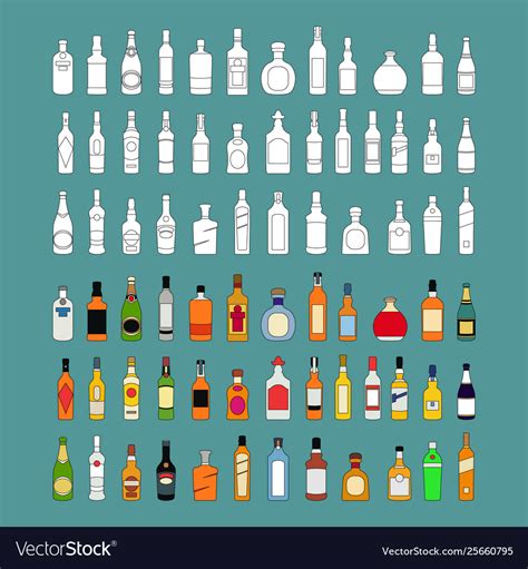 Alcohol Bottles Line Icons Set Flat Design Vector Image