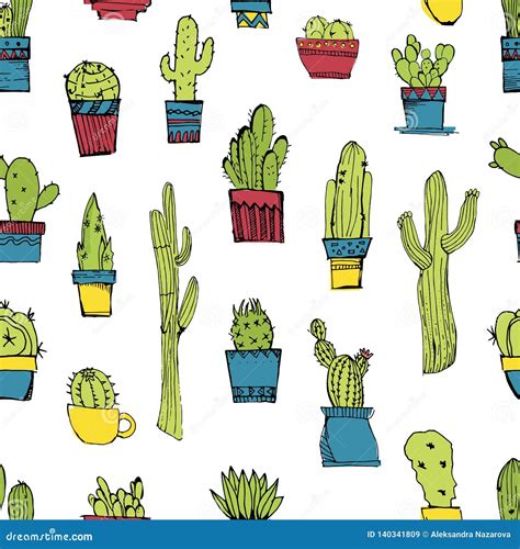 Vector Seamless Pattern With Different Cactus Bright Repeated Texture