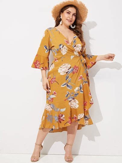 Plus Floral Print Ruffle Hem Wrap Dress Wrap Dress Plus Size Dresses