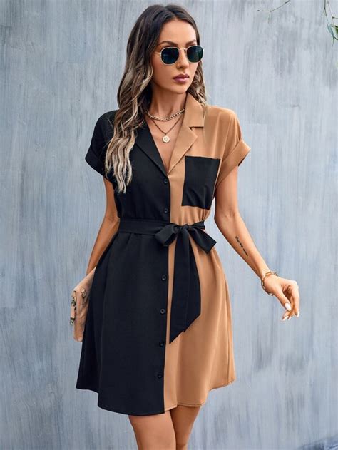 Shein Lune Vestido Camisa Bloco De Cores O Frontal Cinto