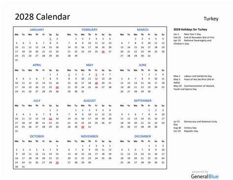 2028 Yearly Calendar Printable With Turkey Holidays