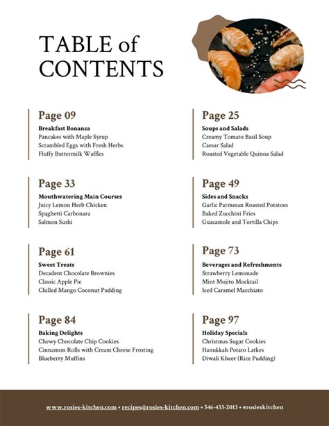 Brown White Food Recipe Table Of Contents Template Venngage