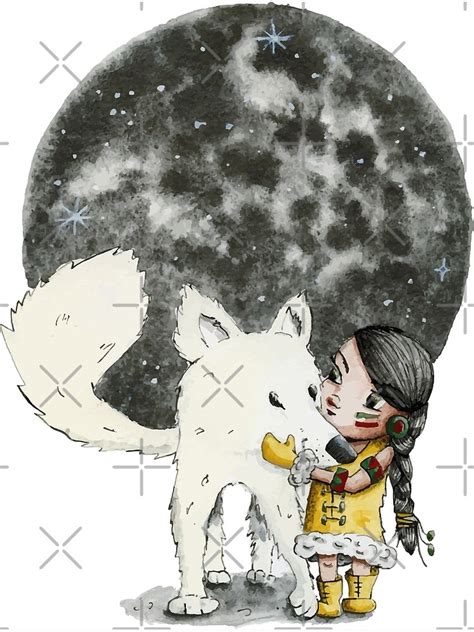 Impression photo Loup avec une fille Inuit sous le ciel étoilé et la