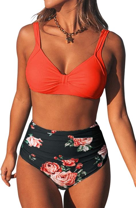 Amazon Cupshe Women S Floral Black Orange High Waisted Bikini Sets Xs Clothing Shoes