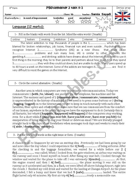 Mid Semester2 Test N1 9th Level ESL Worksheet By Samiabibo