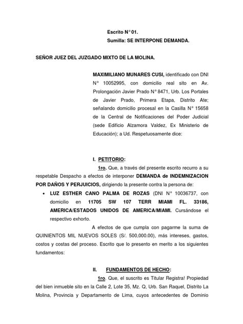 Demanda Indemnizacion Por DaÑos Y Perjuiciosdocx Derecho Penal Gobierno