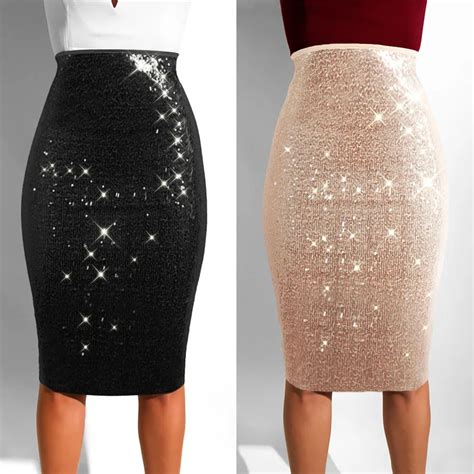 Ladies Skinny Shining Pencil Skirts Women Sexy Club Elegant Glitter Skirt High Waist Bodycon