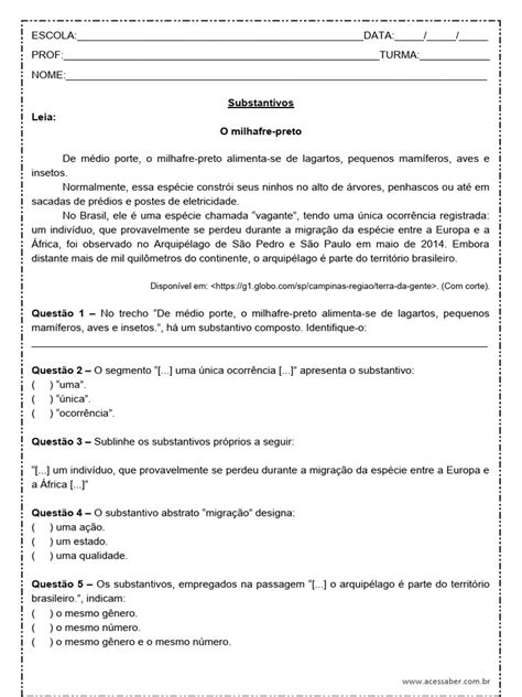 Atividades Sobre Substantivos Com Textos E Gabarito 8 Ano - Atividade-de-portugues-Substantivos-8o-ano-Word | PDF