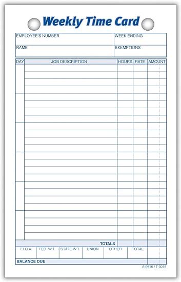 Adams Weekly Time Cards 1 Sided 425 X 675 Inches