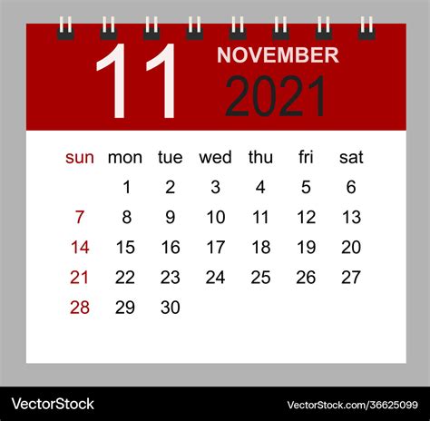 Simple Desk Calendar For November 2021 Week Vector Image