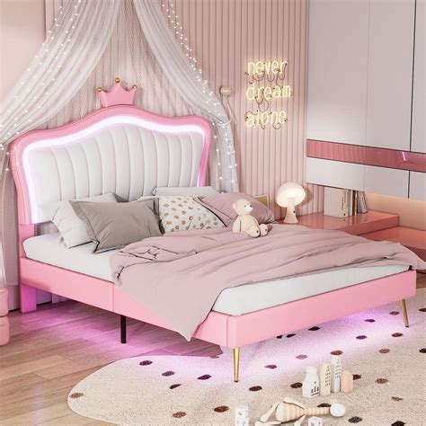 Harper And Bright Designs Pink Wood Frame Queen Size Pu Leather Upholstered Platform Bed With