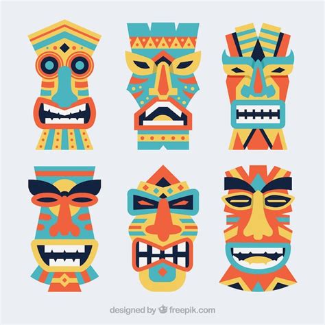 Free Vector | Hawaiian pack of flat tribal masks