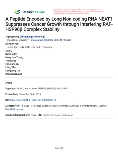 Pdf A Peptide Encoded By Long Non Coding Rna Neat Suppresses Cancer