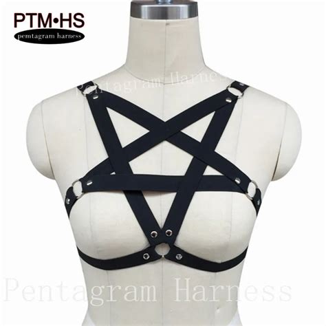 Rivet Pentagram Harness Cage Bra Black Strappy Tops Bondage Body Harness Halter Erotic Bdsm Bra