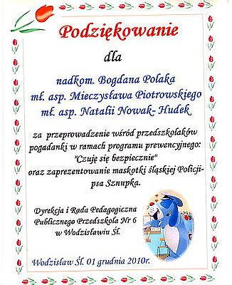 Podziękowanie Publiczne Przedszkole nr 6 Życzenia i podziękowania