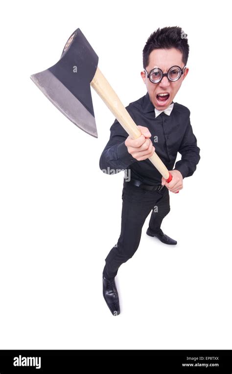 Funny Man With Axe On White Stock Photo Alamy